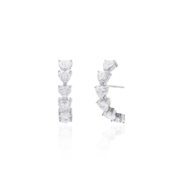 Brinco Ear Hook Corações Moissanite - Prata